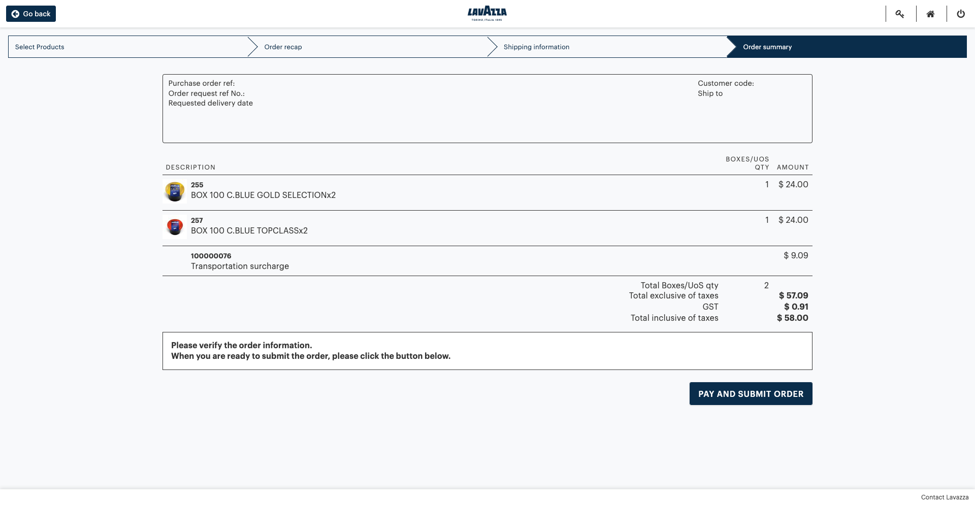 Order summary Lavazza coffee screenshot