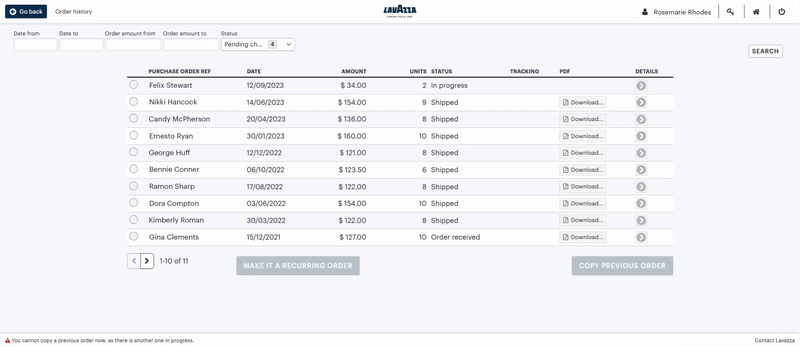 Screenshot of finding and seeing coffee order summary