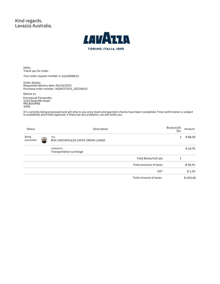 Picture of Lavazza coffee order receipt